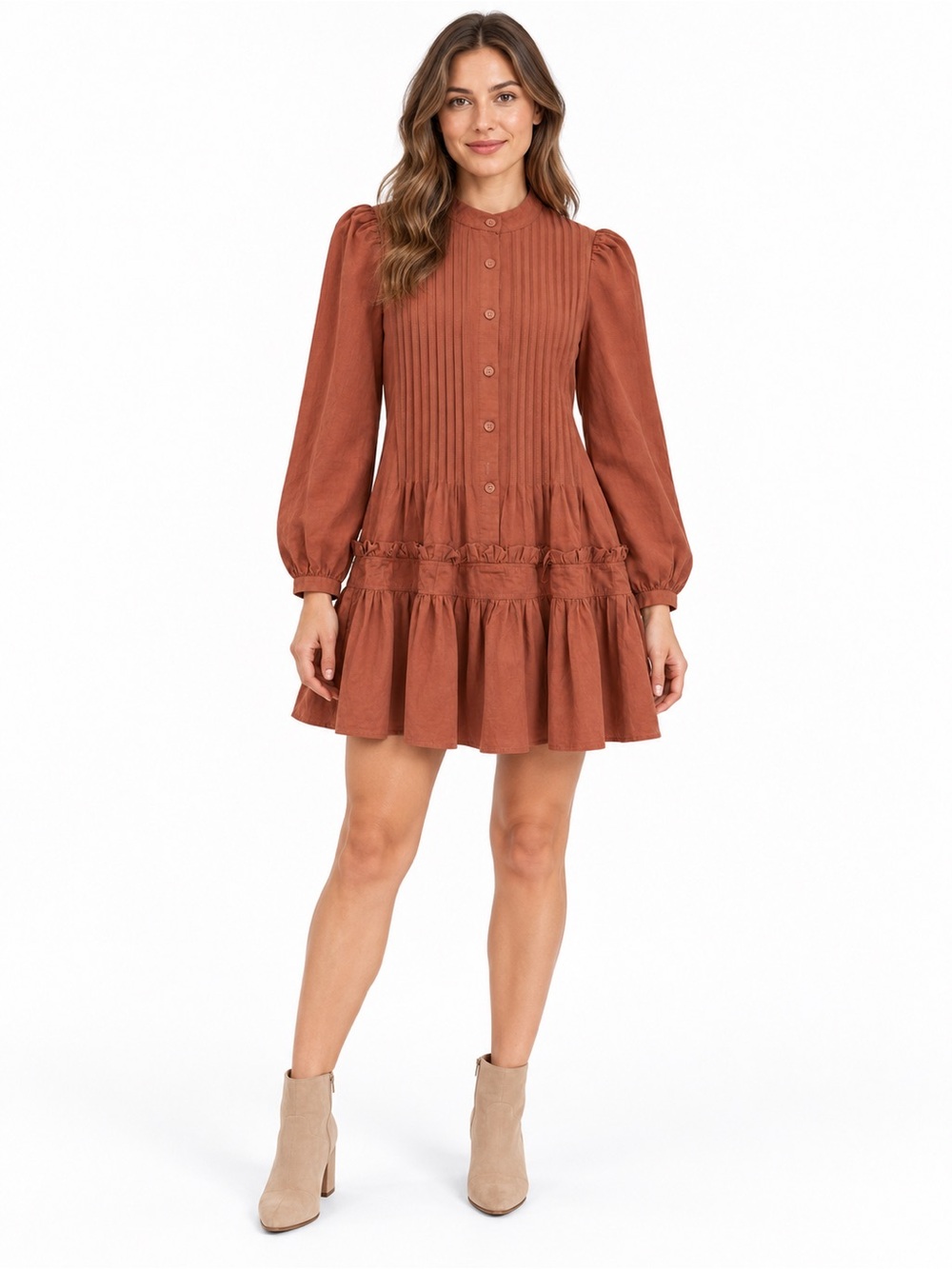TCEC Brown Pintuck Button Front Tiered Mini Dress Women’s Small